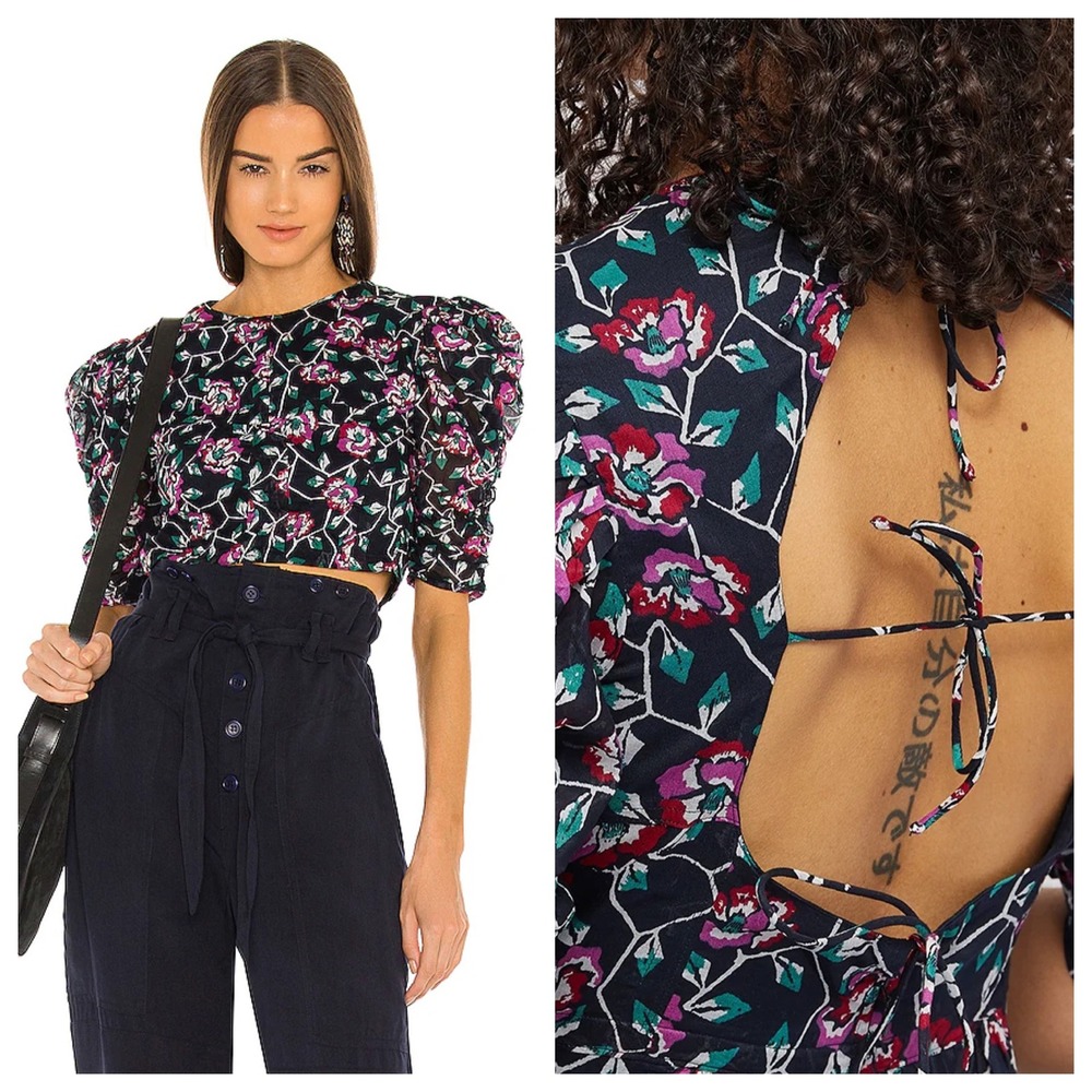 Isabel Marant Etoile Silva Floral Cotton Cropped Top Puff Sleeve Open Back 34